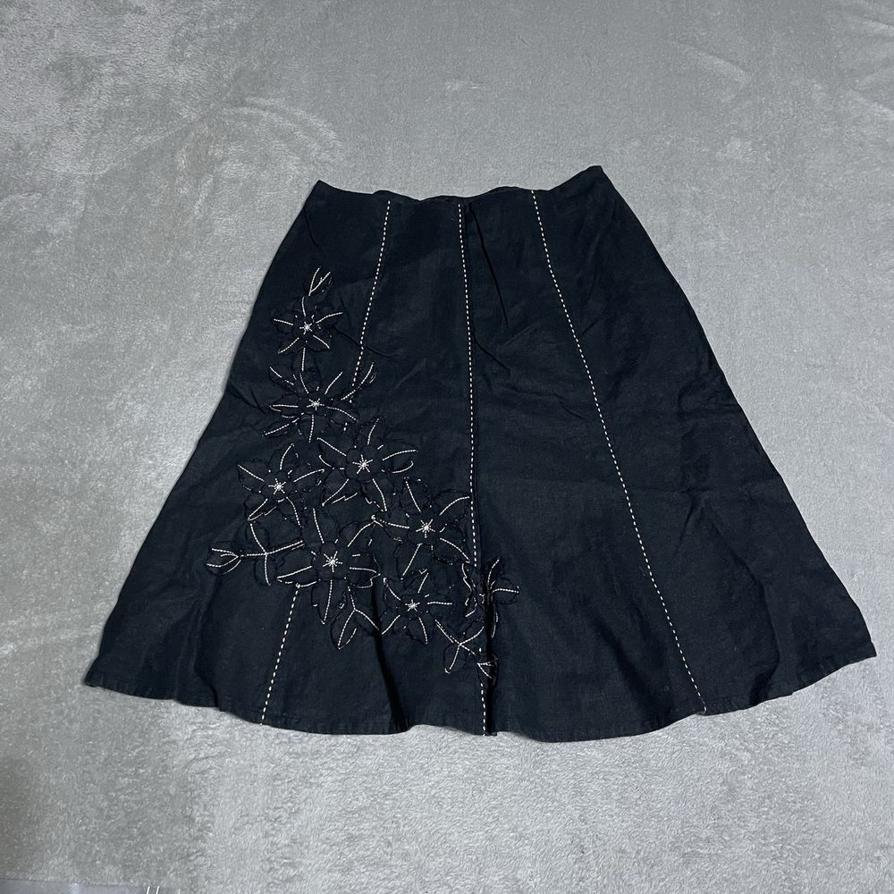 Vintage Y2K Sag Harbor Skirt Womens 8P Petite Linen Black Floral Boho A Line